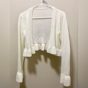 Handmade White Bell Sleeve Ruffled Cropped Cardigan | Women | M/L